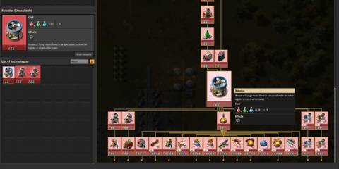 Showcasing the requirement for researching Robotics in Factorio