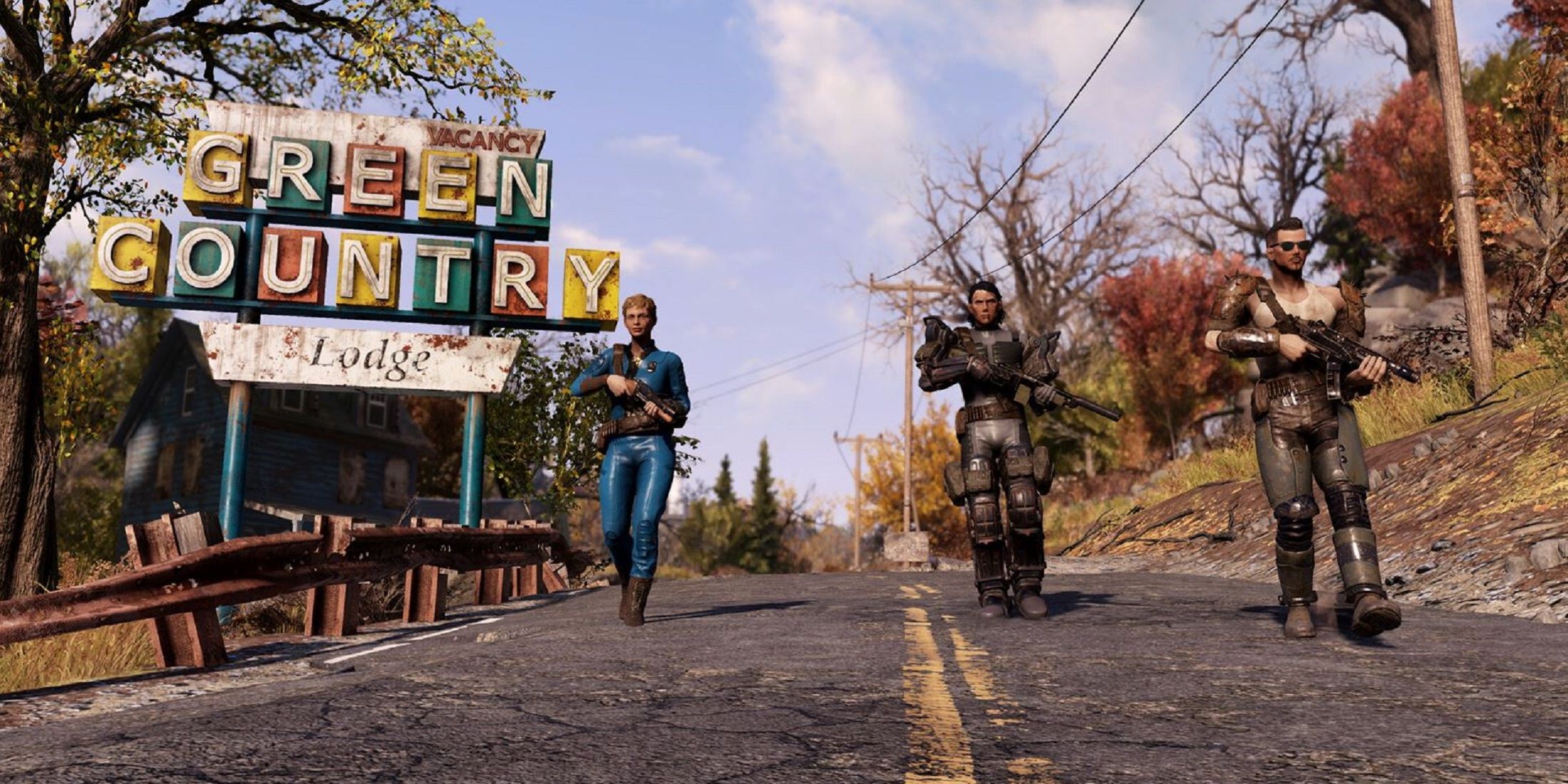 Fallout 76 Three characters walking near 'Green Country' sign