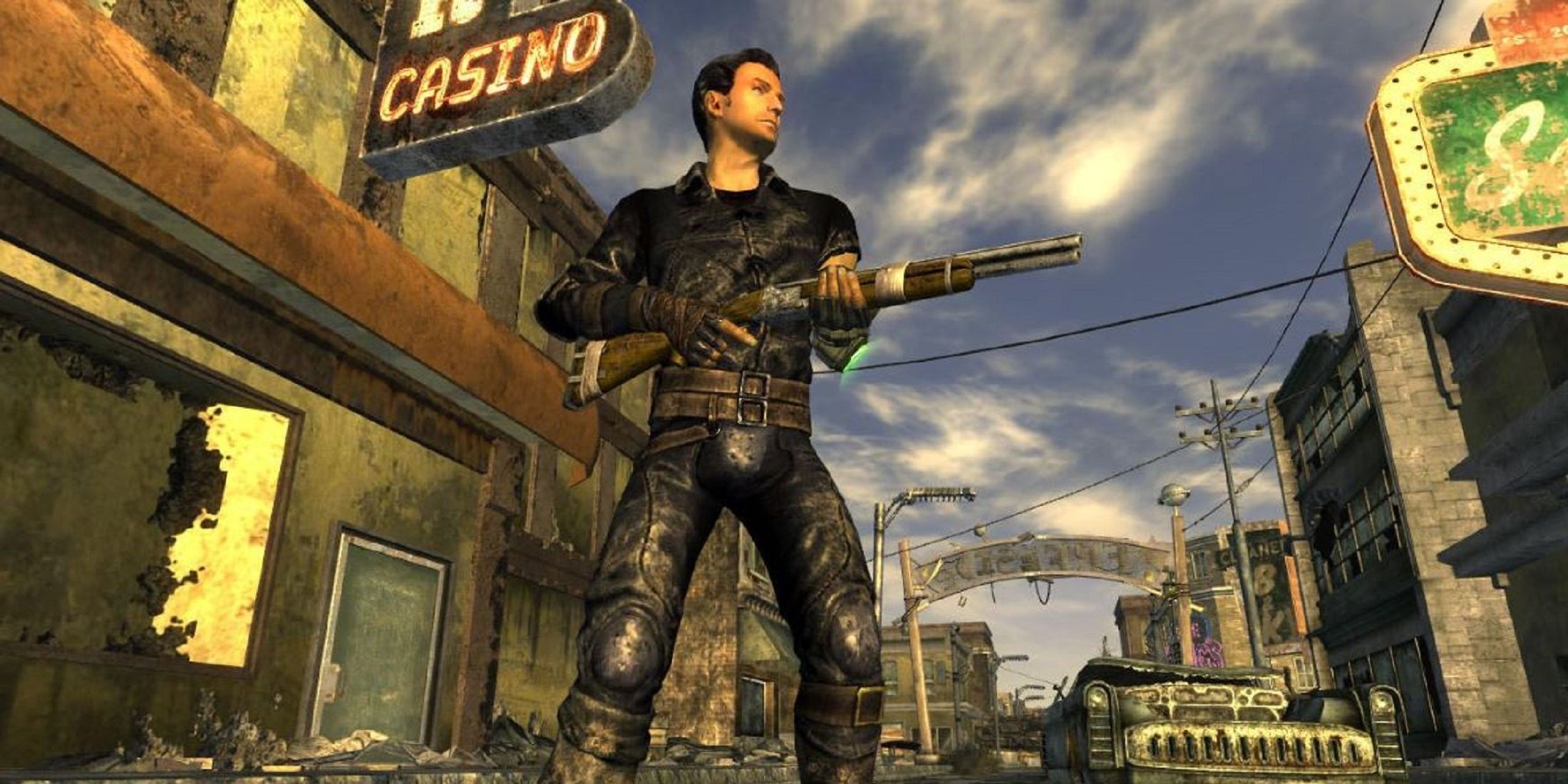 Fallout new vegas character holding a rifle in front of a casino