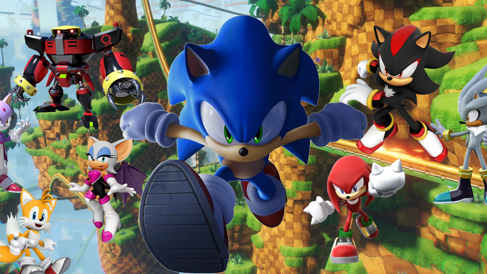 Multiple sonic characters' key art against green hill zone background