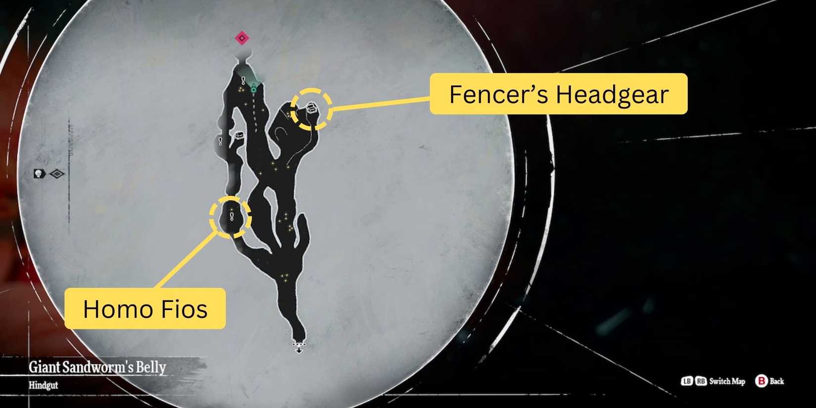 Fencer’s Headgear and homo fios location in Giant Sandworm's Belly Second Section (Hindgut) in metaphor refantazio
