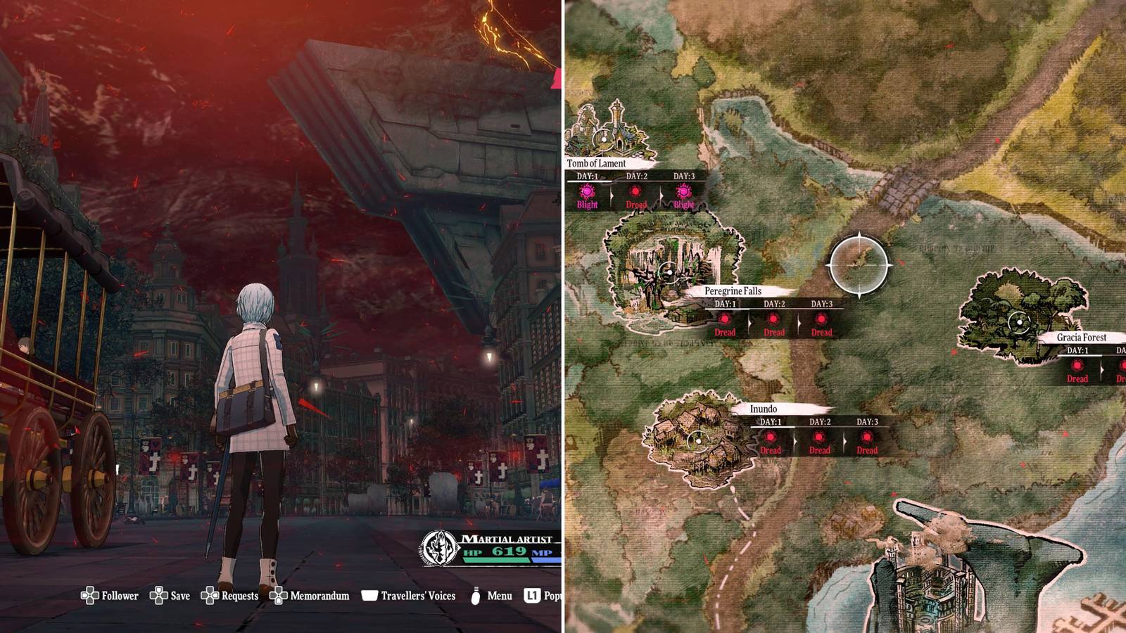 The Player In Grand Trad WIth A Red Sky & Multiple Dungeons With Dread