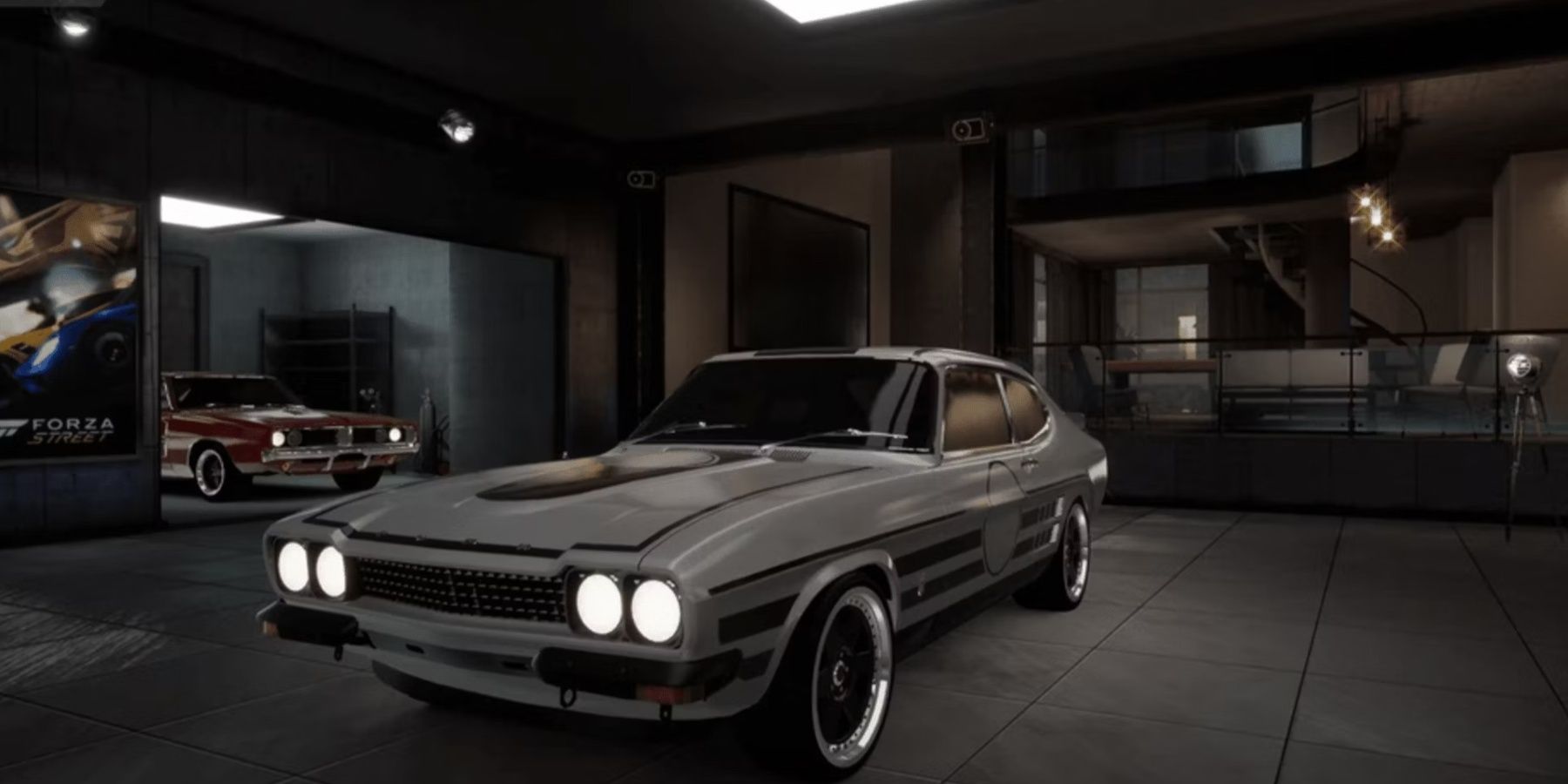 FH4 Ford Capri FE in a garage in Forza Horizon 4