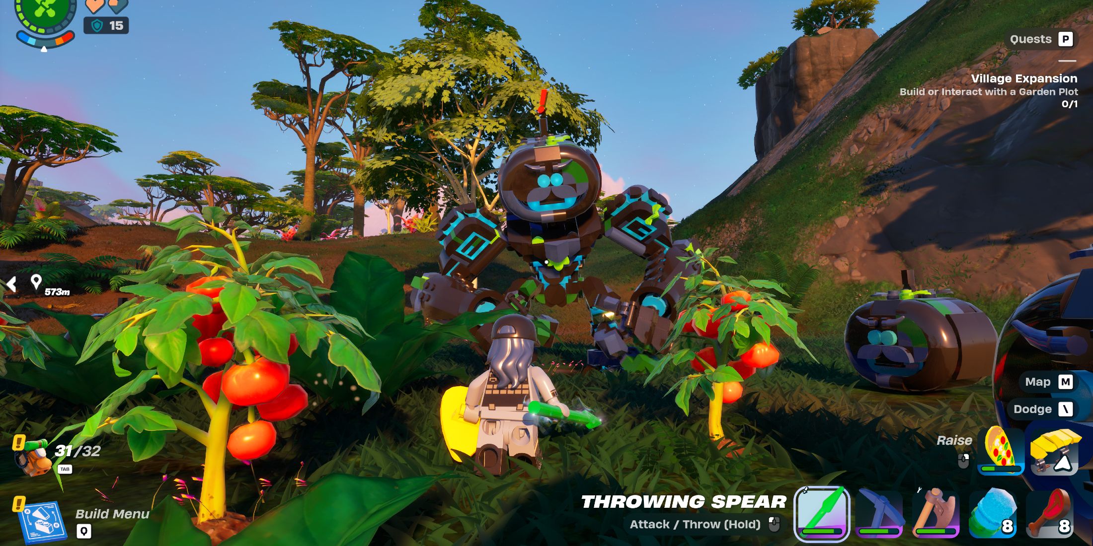 Screenshot showcasing a player fighting a Tomato Golem near a Tomato Island Head in LEGO Fortnite 