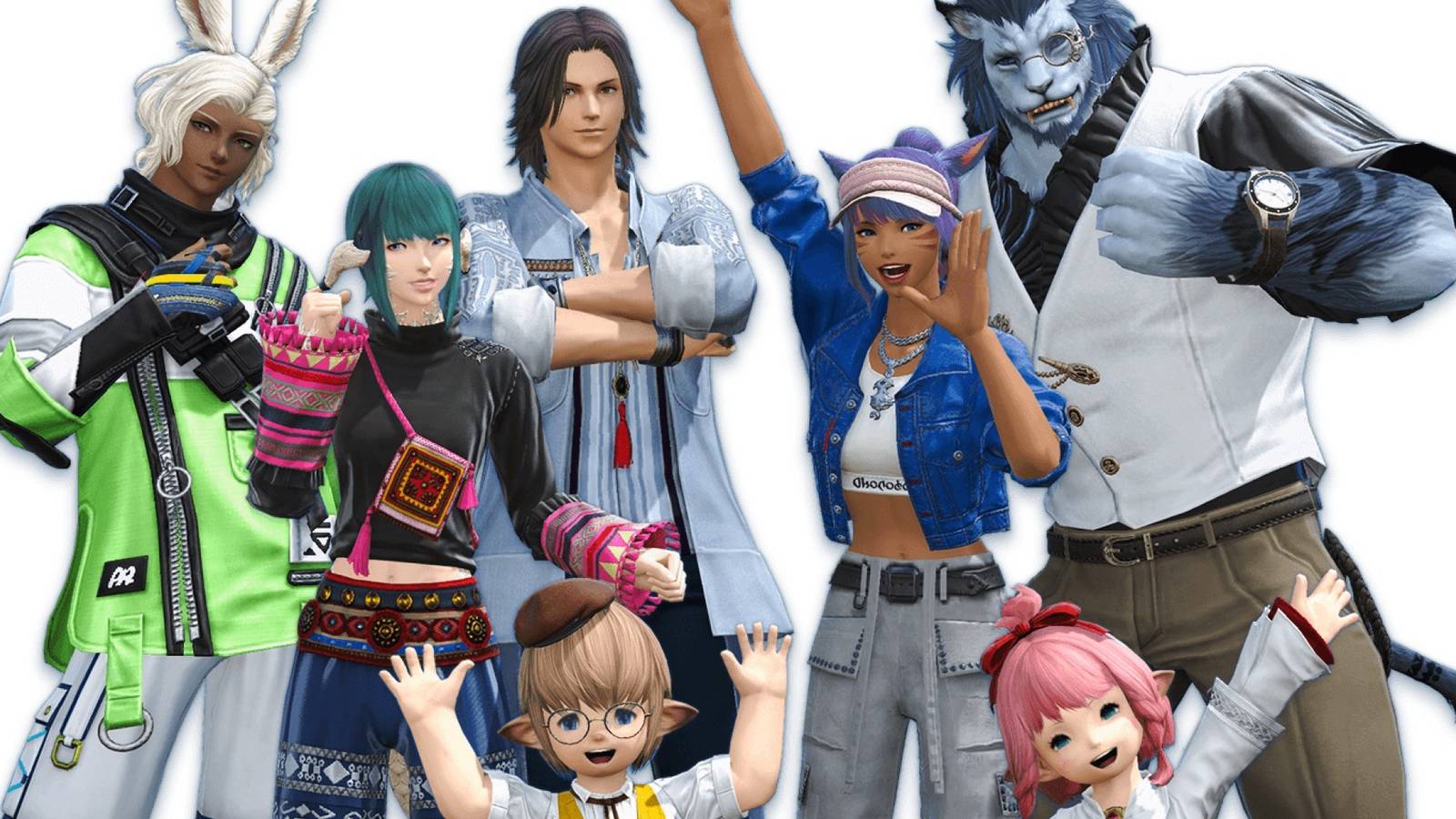 a viera au ra hyur miqote hrothgar and two lalafells for the ffxiv free login campaign