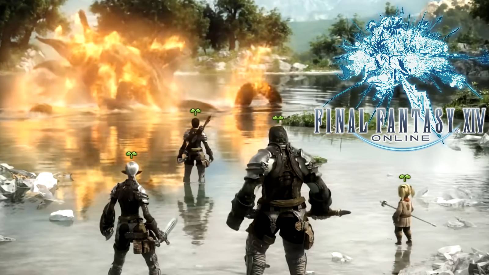 elezen hyur roegadyn and lalafell fighting a morbol with sprout icons and the ff14 logo from the original trailer