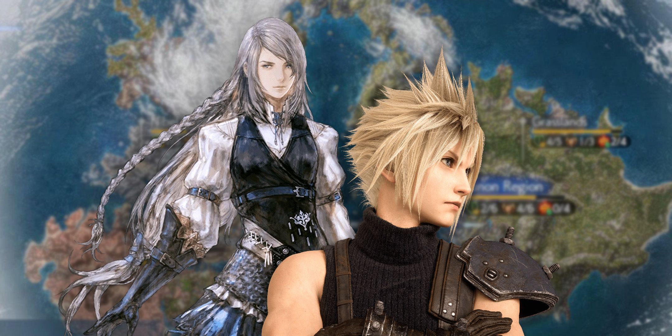 Cloud Strife and Jill Warrick in front of 7 Rebirth World Map