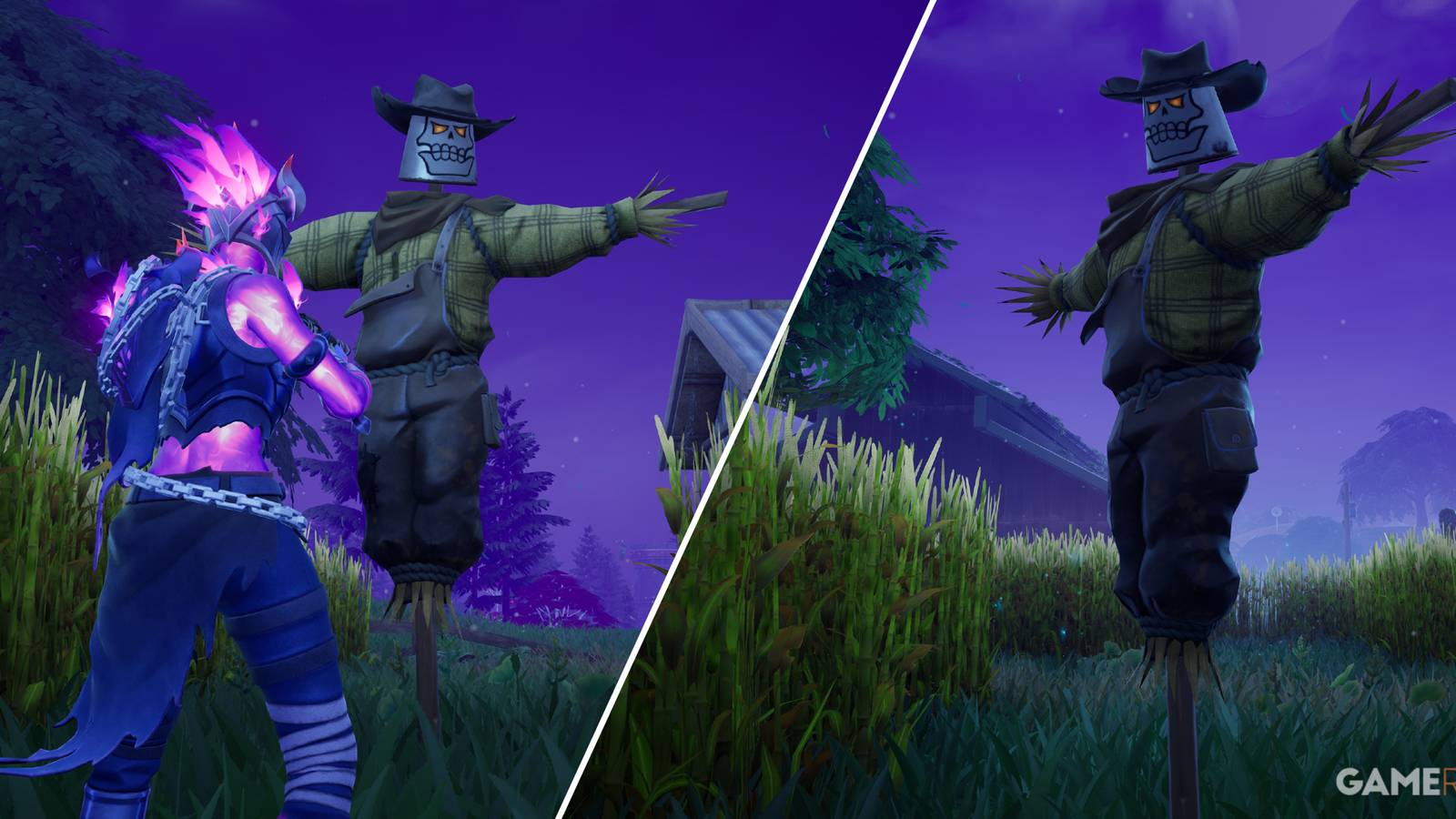Split-image showcasing the Scarecrow in Fortnite