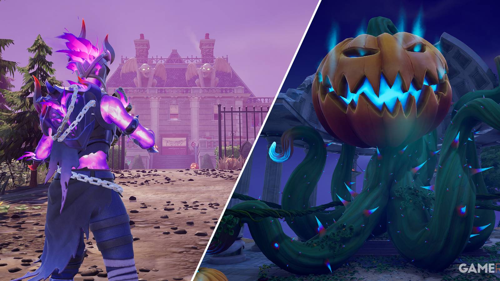 Split-image showcasing locations with Ultima Carver Overgrowth in Fortnite