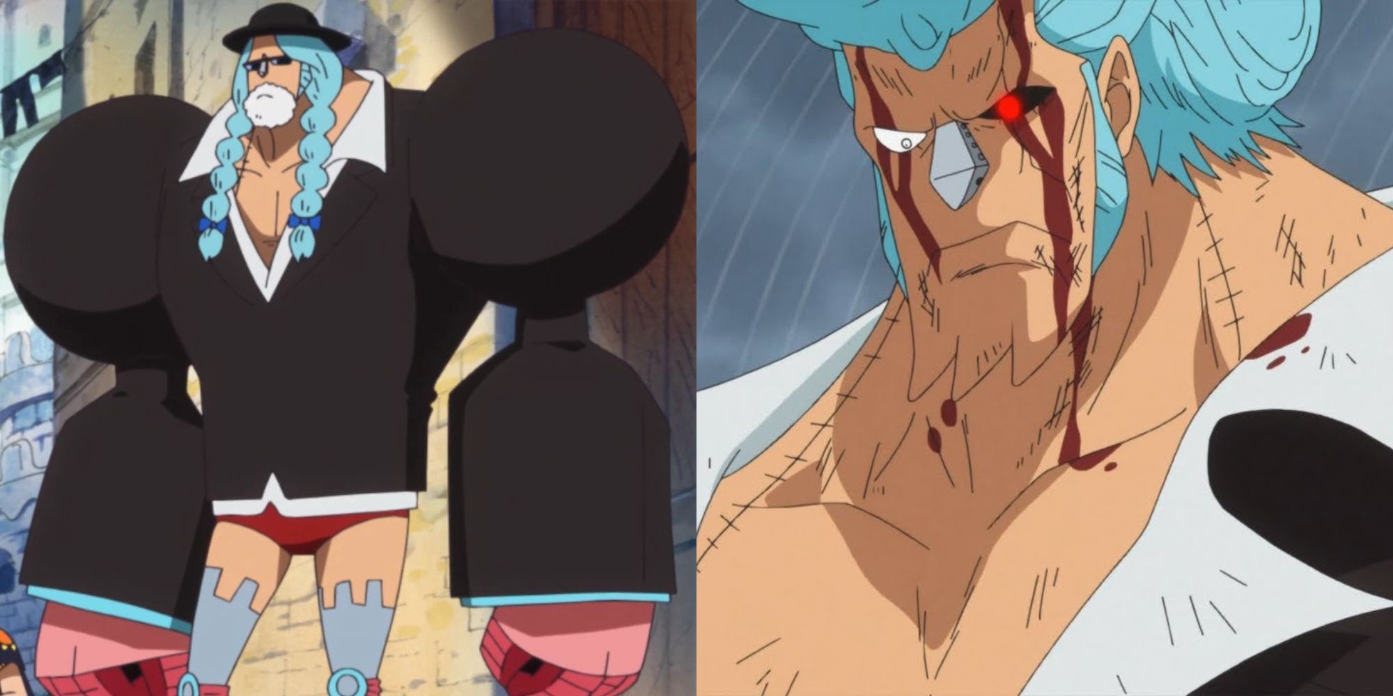 Franky's disguise at the beginning of the Dressrosa Arc, and Franky damaged after his battle with Senor Pink, at the end of the Dressrosa Arc.