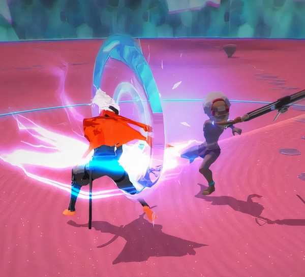 The Player confronts a boss in Furi