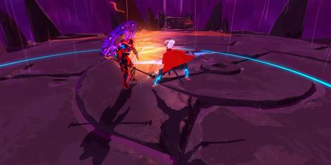 The player strikes in a boss battle from Furi