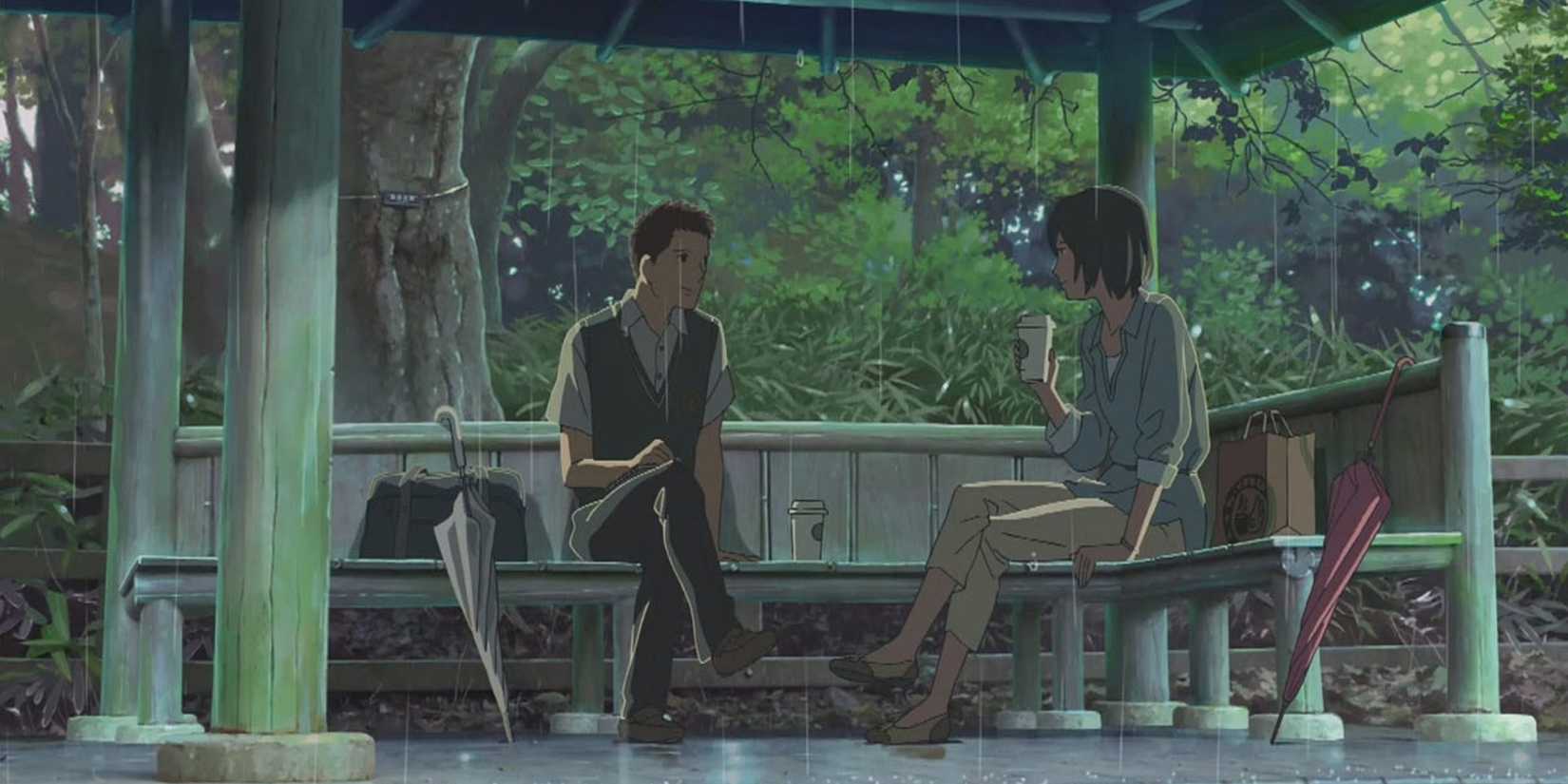 Garden of Words: Yukari Yukino  and Takao Akizuki sit and chat