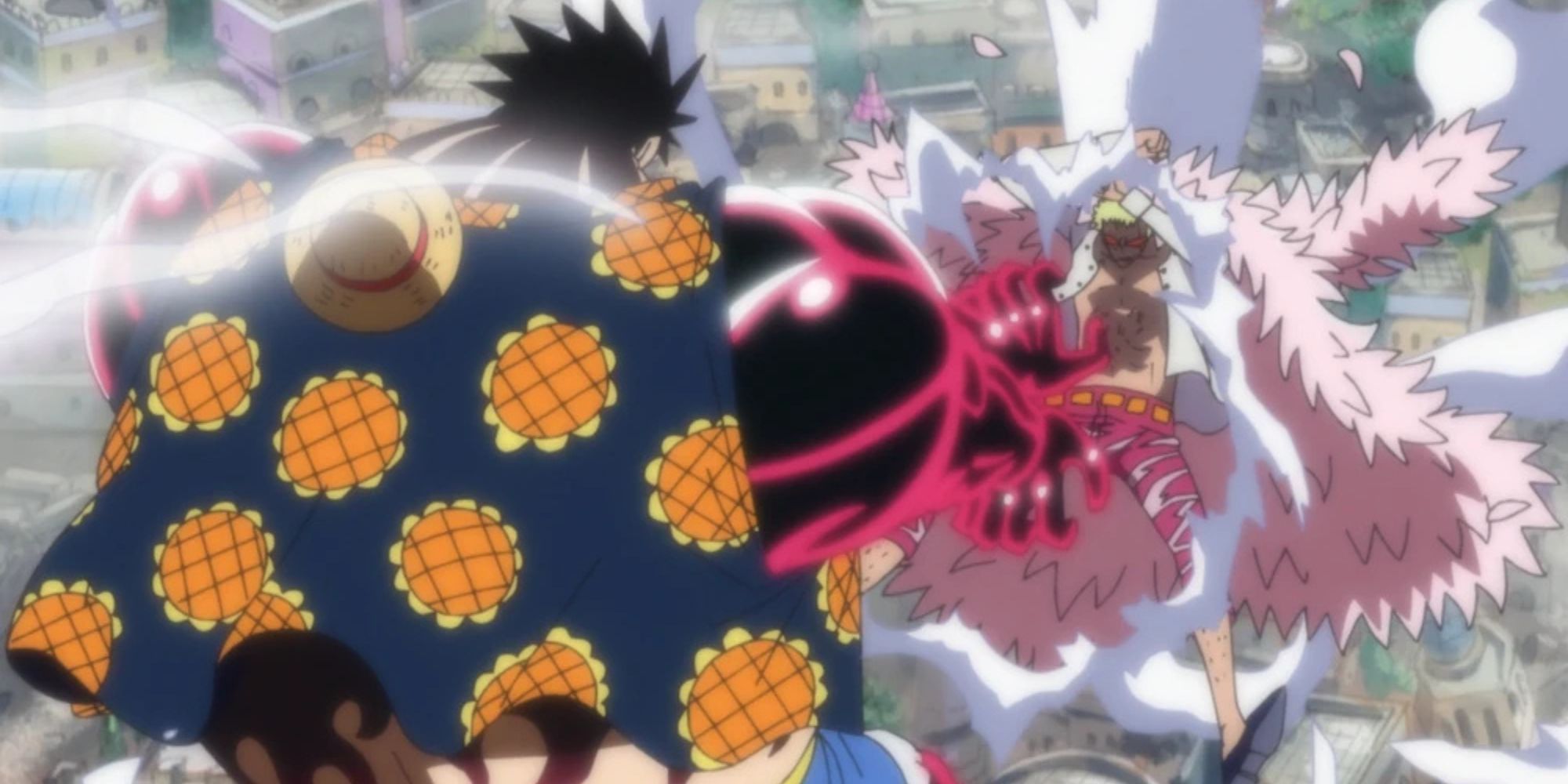 Gear 4 Luffy attacks Doflamingo.