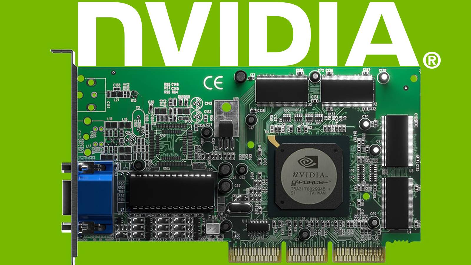 GeForce 256 GPU on green background below white Nvidia logo