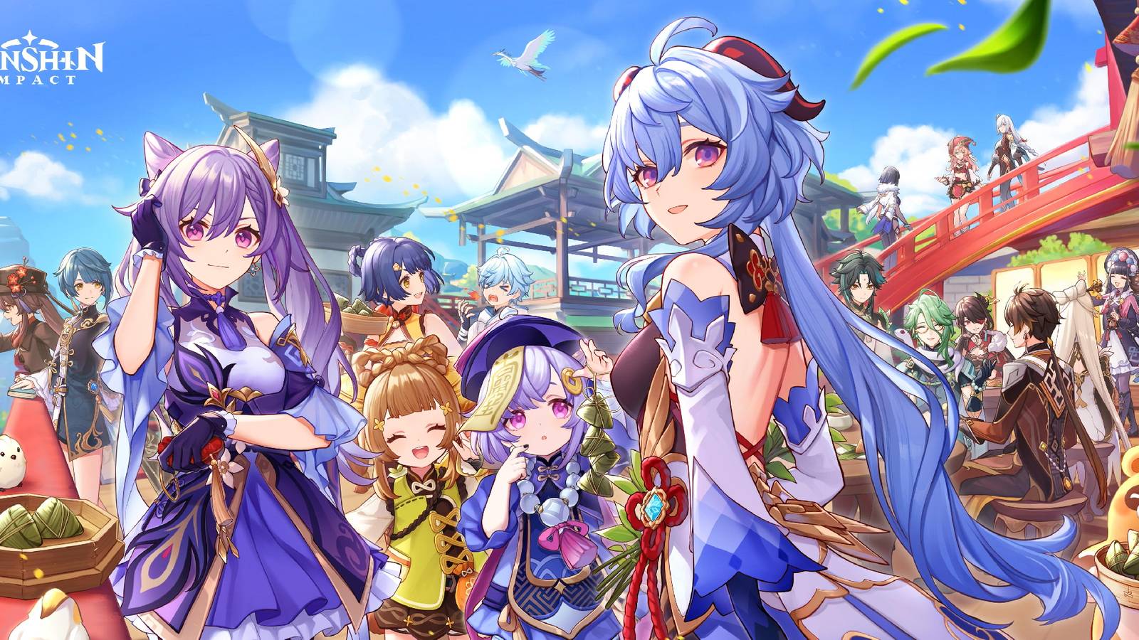 A key visual from Genshin Impact showing several members of the game's Liyue cast including Keqing, Yaoyao, Qiqi, and Ganyu.