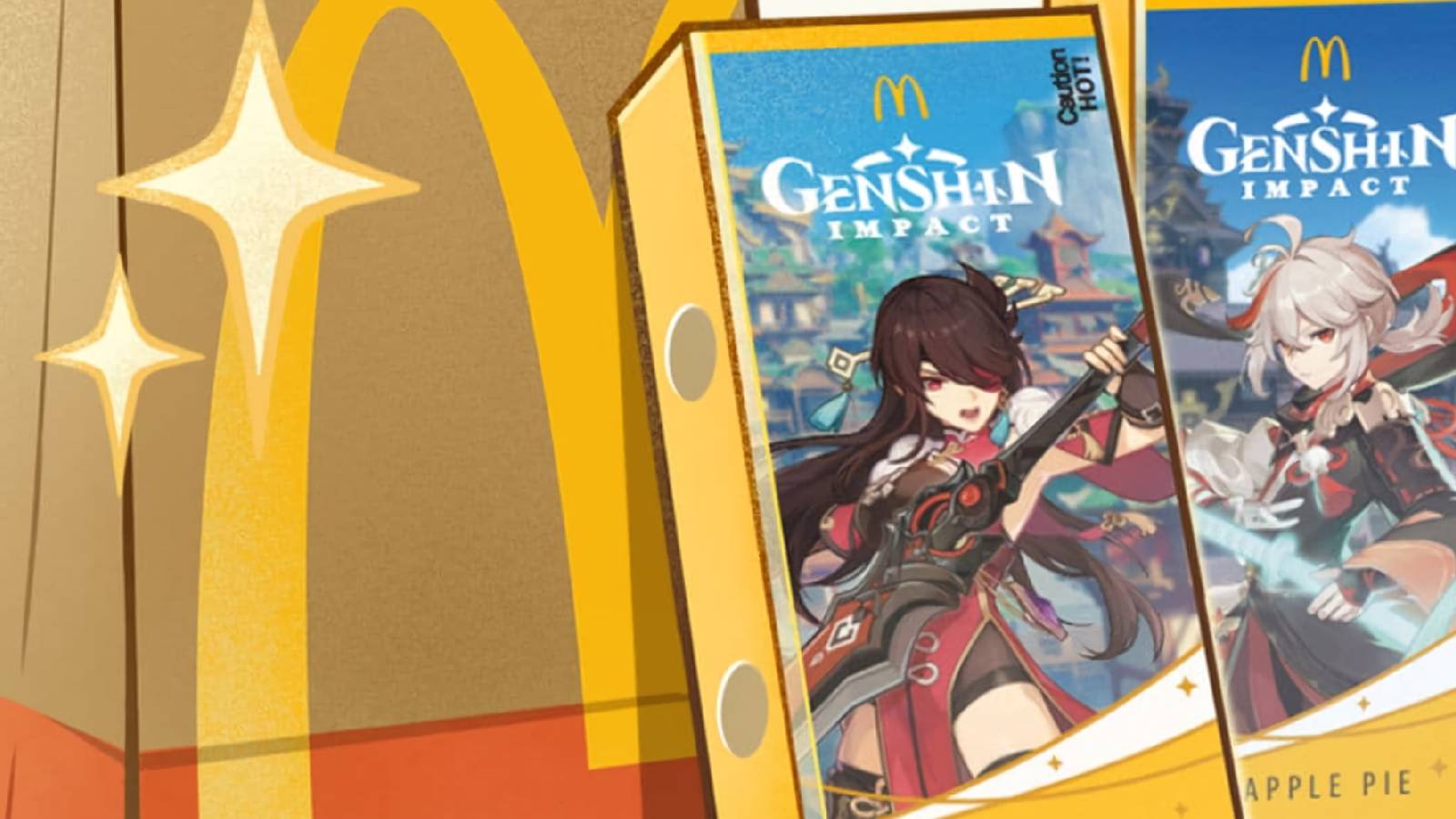 A promotional image from Genshin Impact's McDonald's collaboration showing the Apple Pie boxes with Beidou and Kazuha