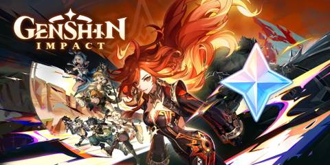 A key visual for Genshin Impact's Natlan region overlayed with an image of a Primogem.