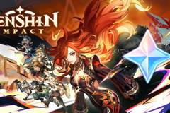 A key visual for Genshin Impact's Natlan region overlayed with an image of a Primogem.