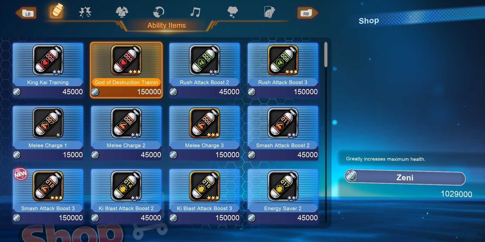 A screenshot of Dragon Ball Sparking Zero showing the God Of Destruction Training capsule