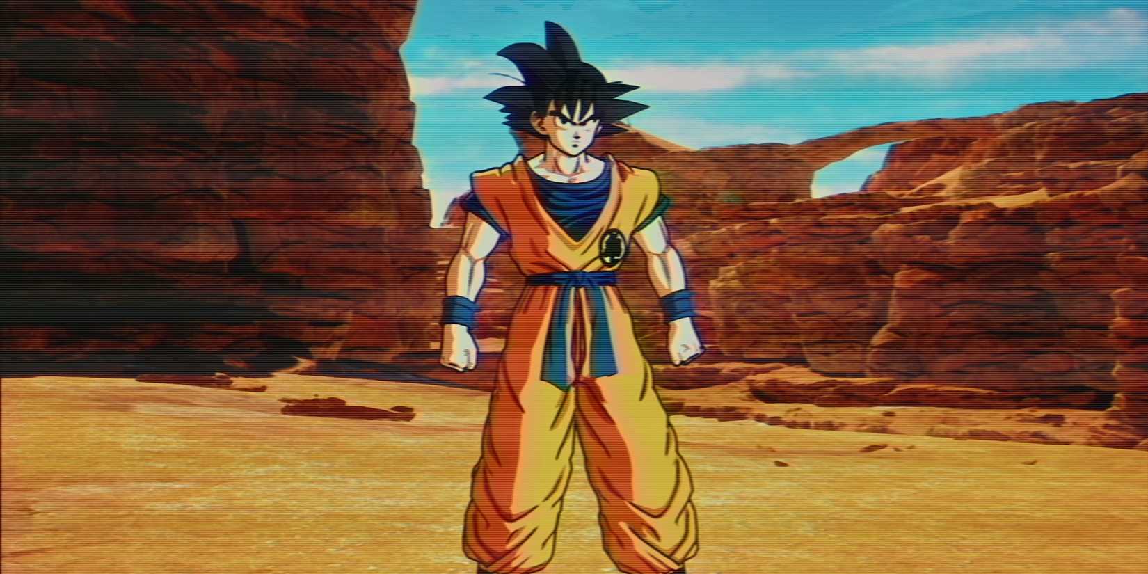 Goku in a old TV filter in the desert, enhanced with the best mods for Dragon Ball Sparking Zero combat-1