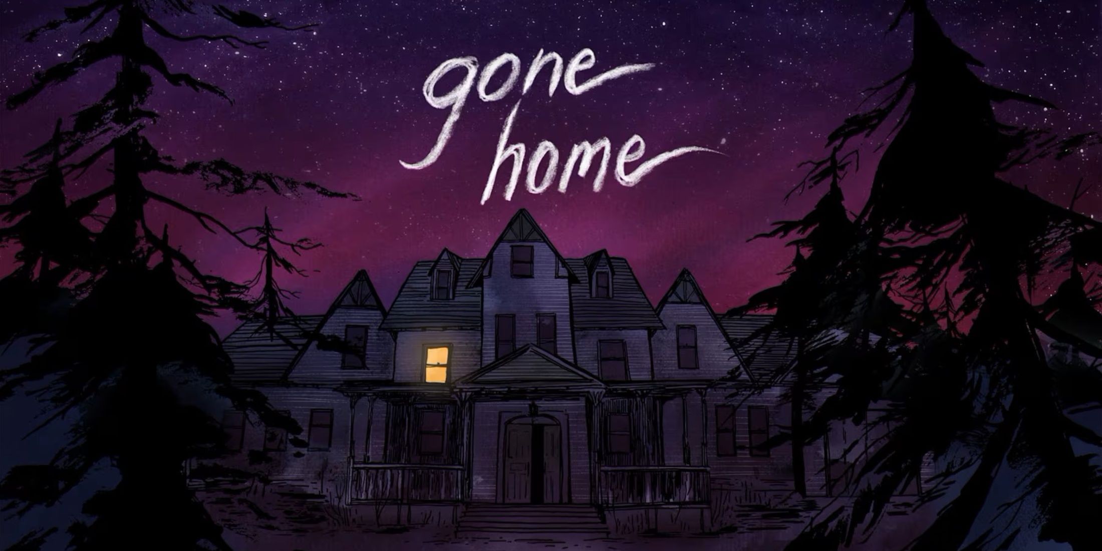  title screen with white text over night-time gothic house with one light on