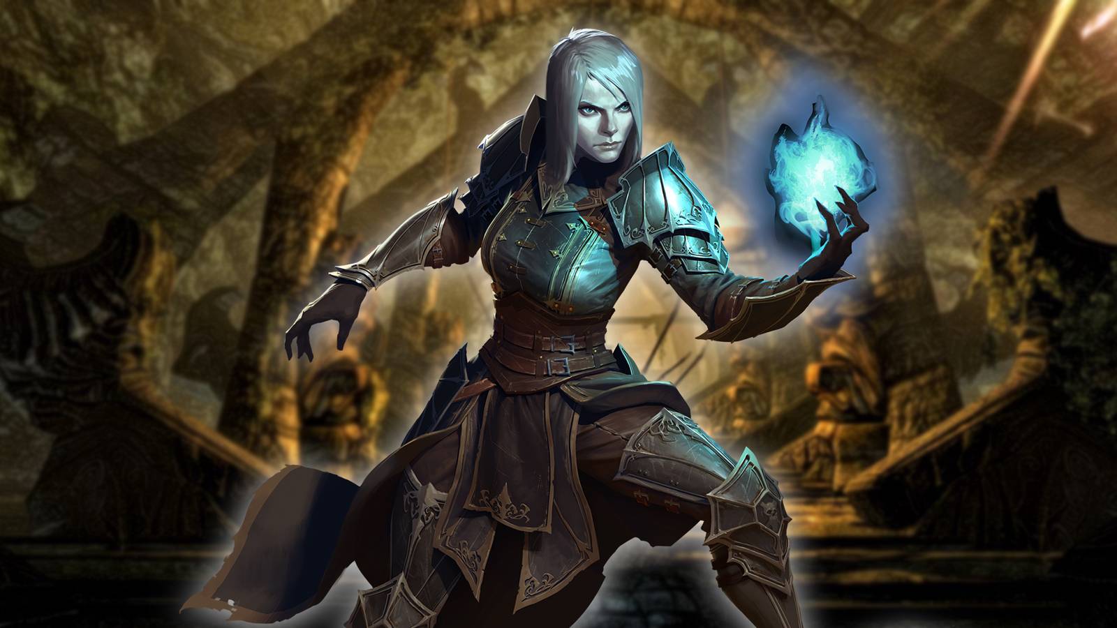 Diablo character in front of a Skyrim dungeon