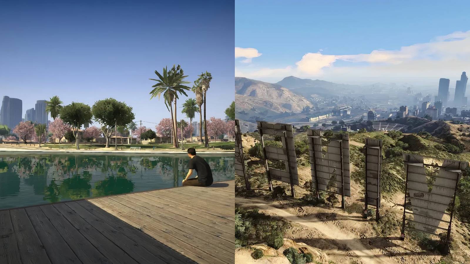 Image of a pool on the left, Pinewood sign on the right