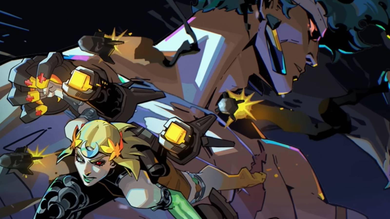 hades 2 melinoe wearing black coat with prometheus in background