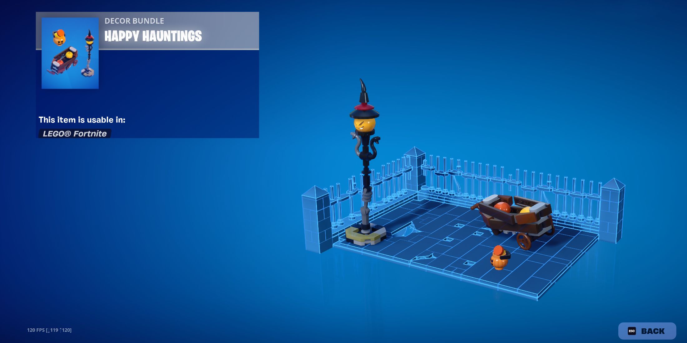 Screenshot showcasing the Happy Hauntings Decor Bundle in LEGO Fortnite 