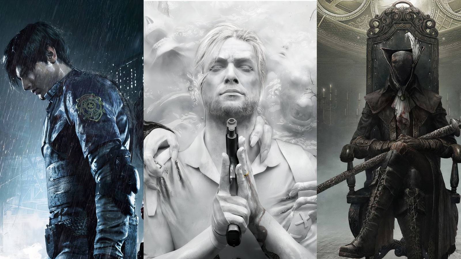 Stills from Resident Evil 2, The Evil Within 2, and Bloodborne