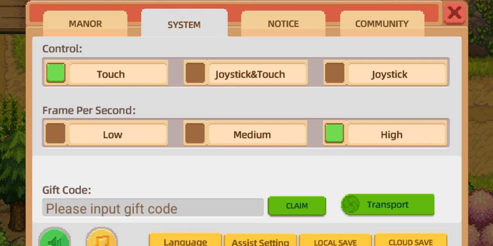 Harvest Town the codes tab