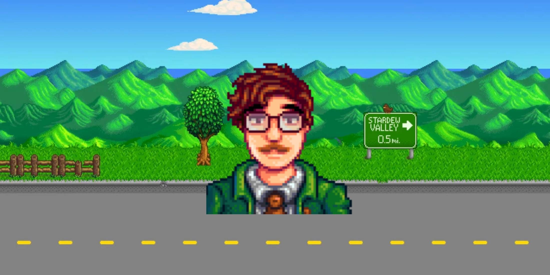 stardew valley - harvey portrait on stardew background