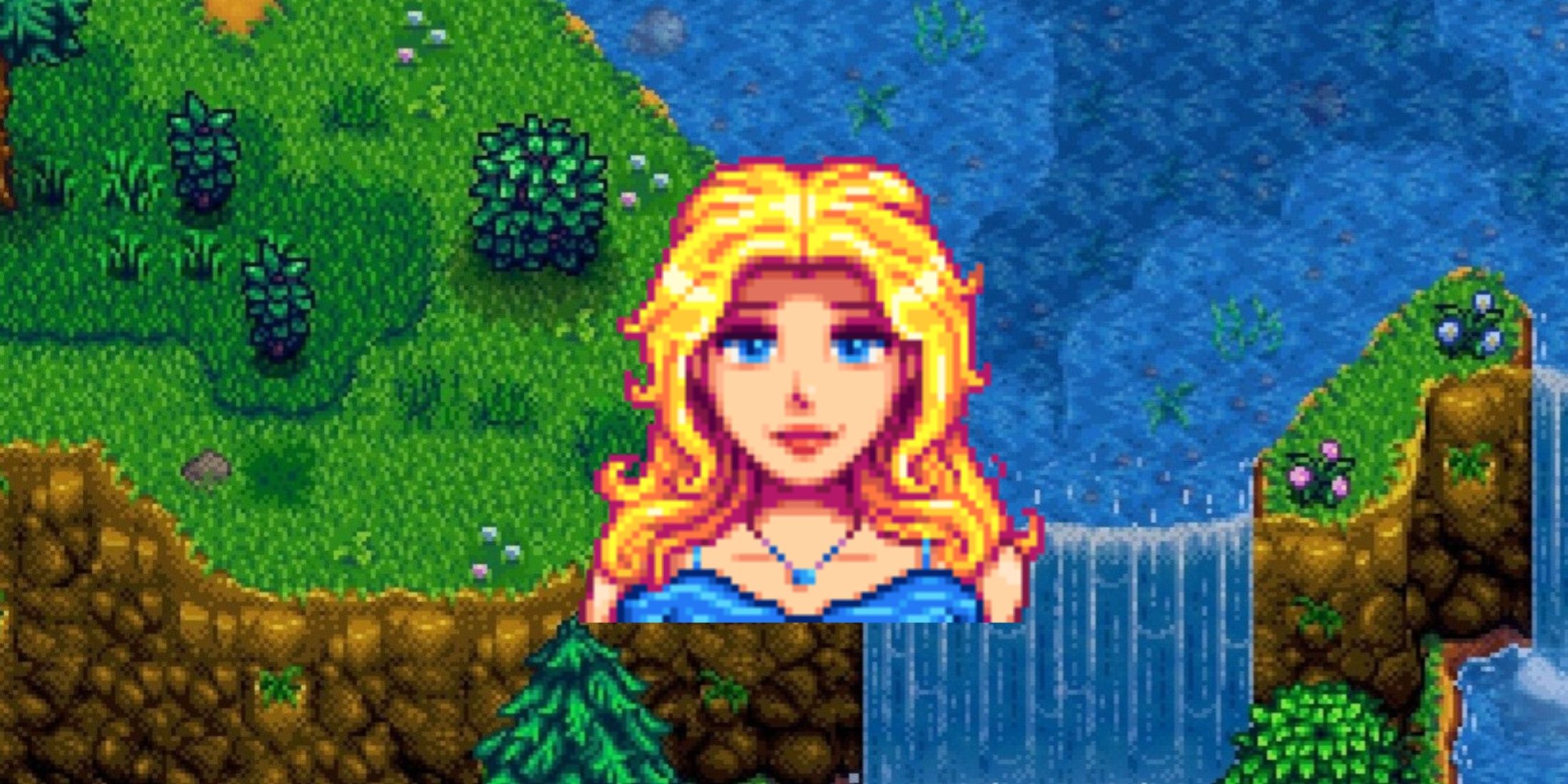 haley icon with waterfall background in stardew valley