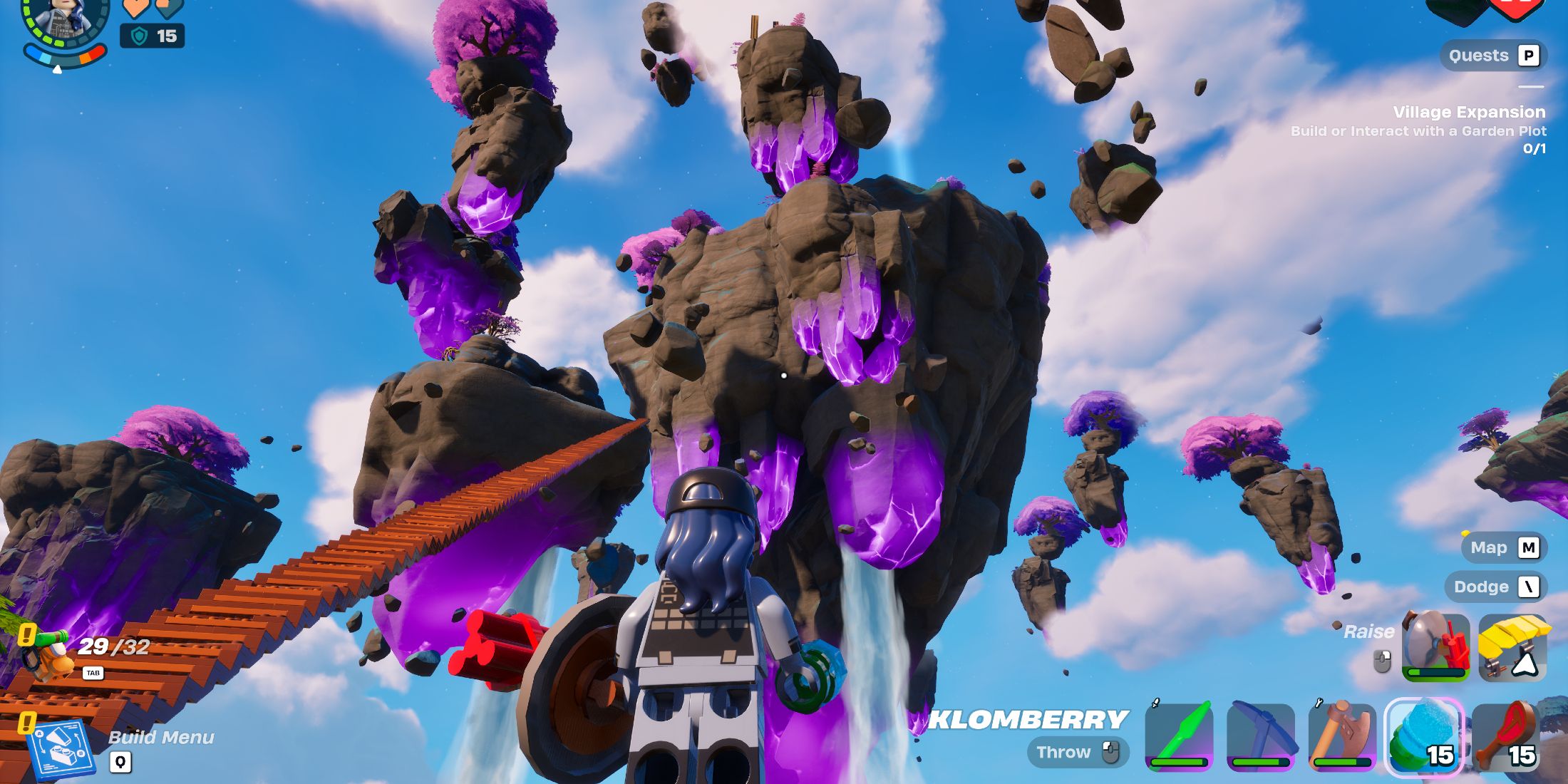 Screenshot showcasing the player heading to the floating Island biome to find a Fishstick Island Head in Lego Fortnite 