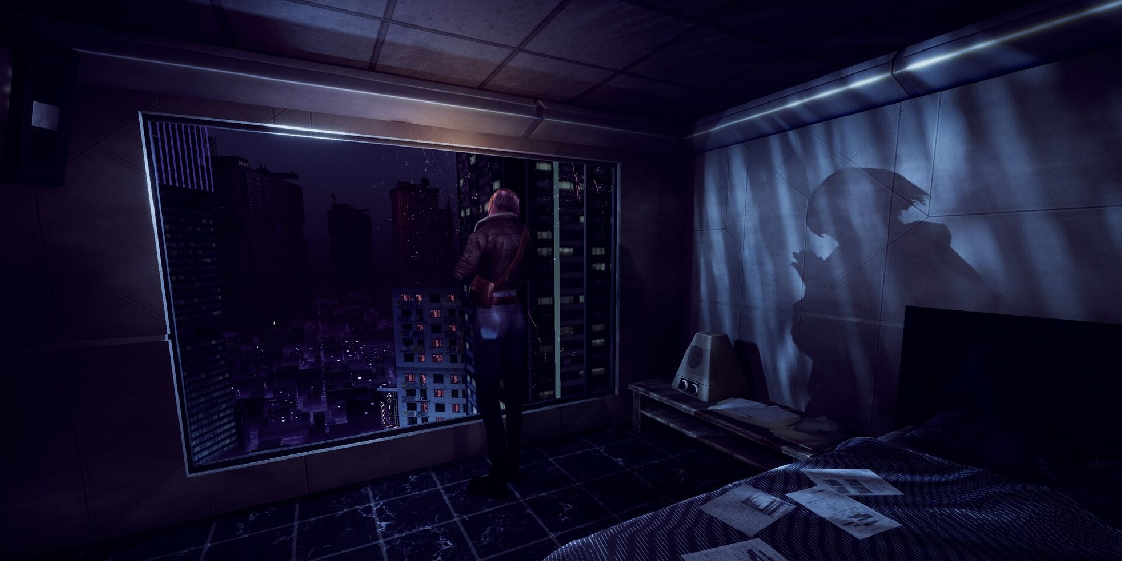 Hollowbody  character standing at window, overlooking futuristic landscape