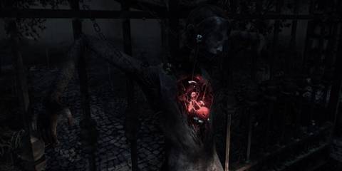 Hollowbody body strung up on gate, glowing cavity in chest