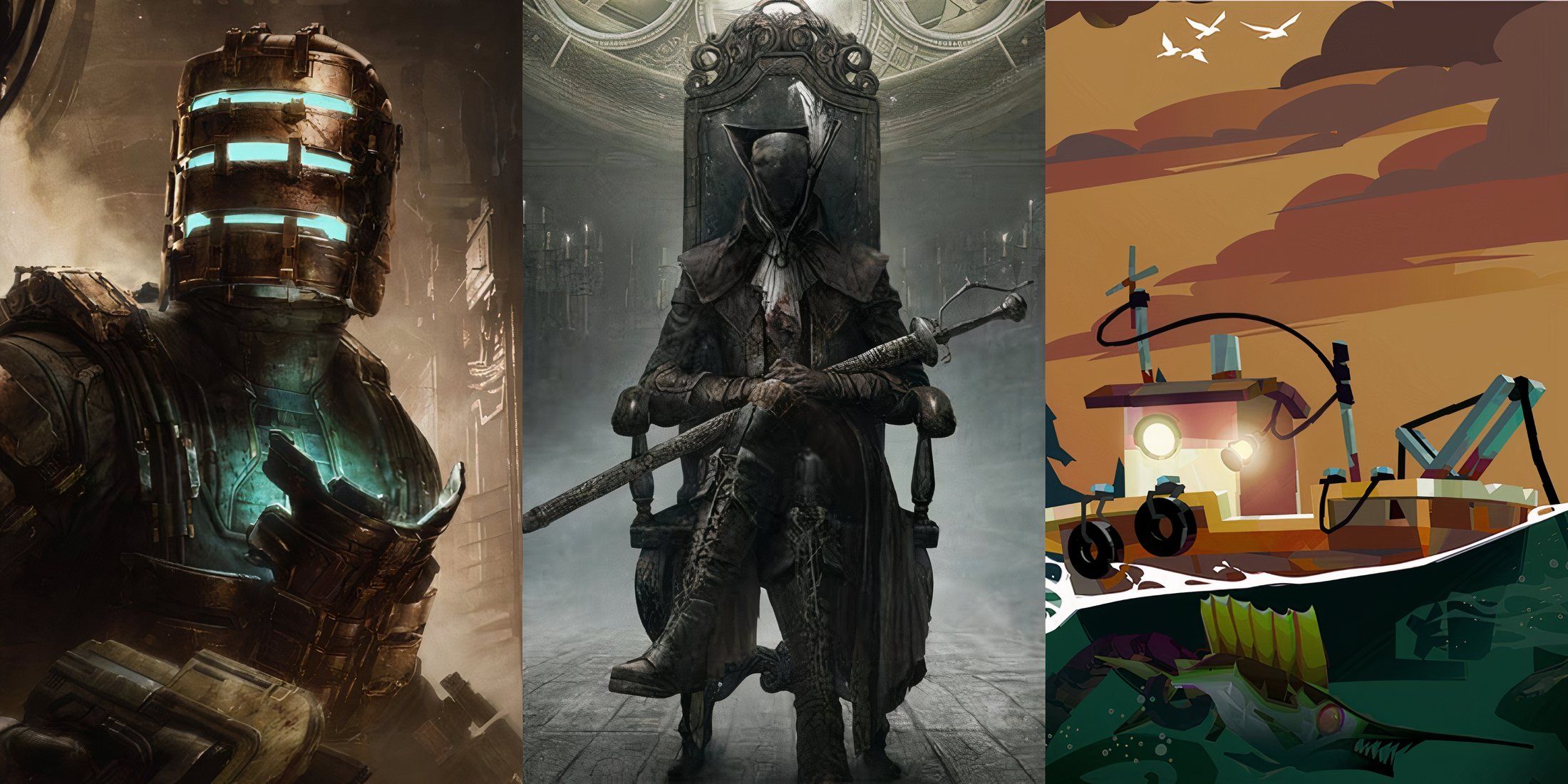 Stills from Dead Space, Bloodborne, and Dredge