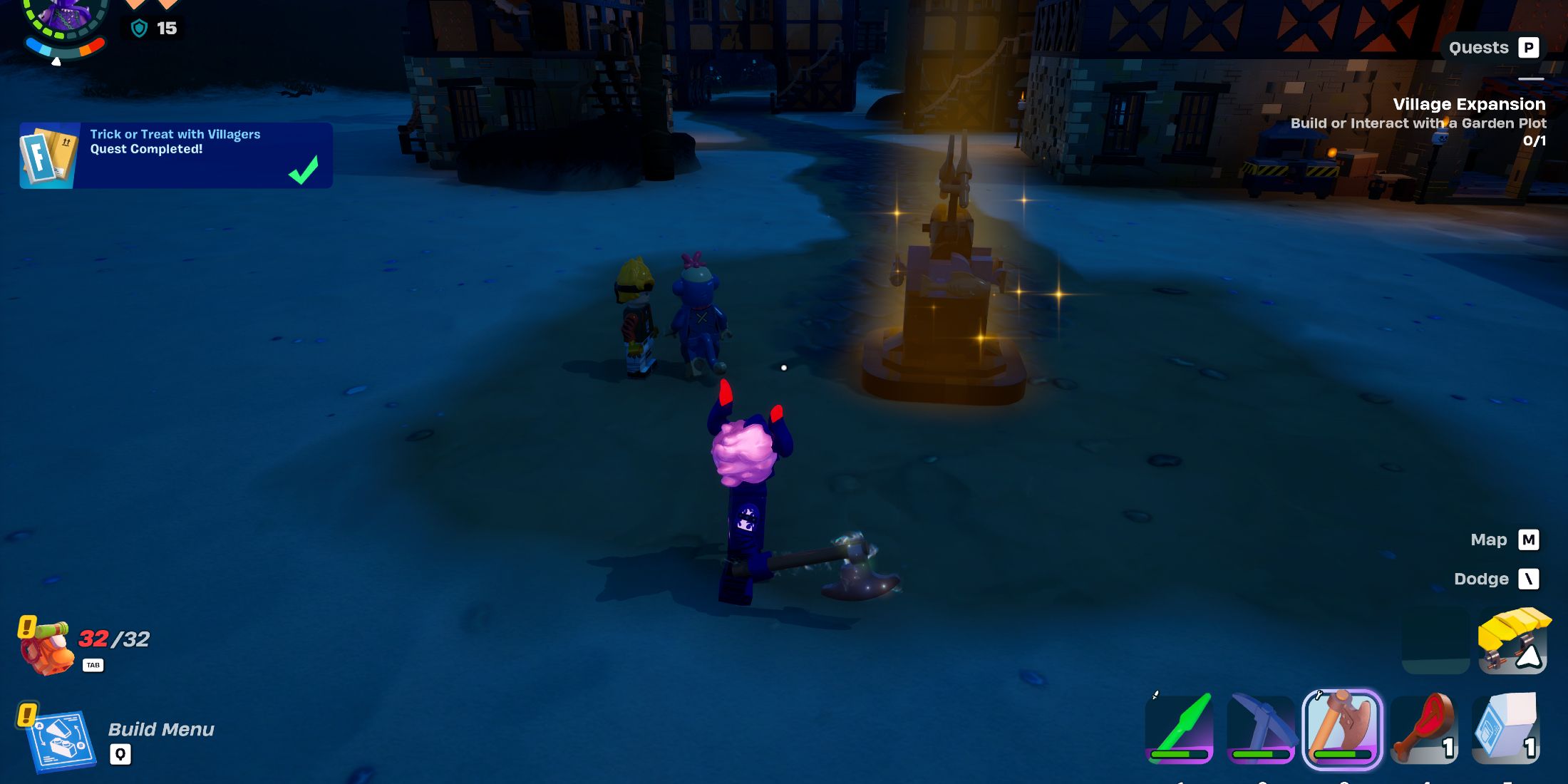 Screenshot showcasing how to complete the trick or treat with Villagers quest in LEGO Fortnite 