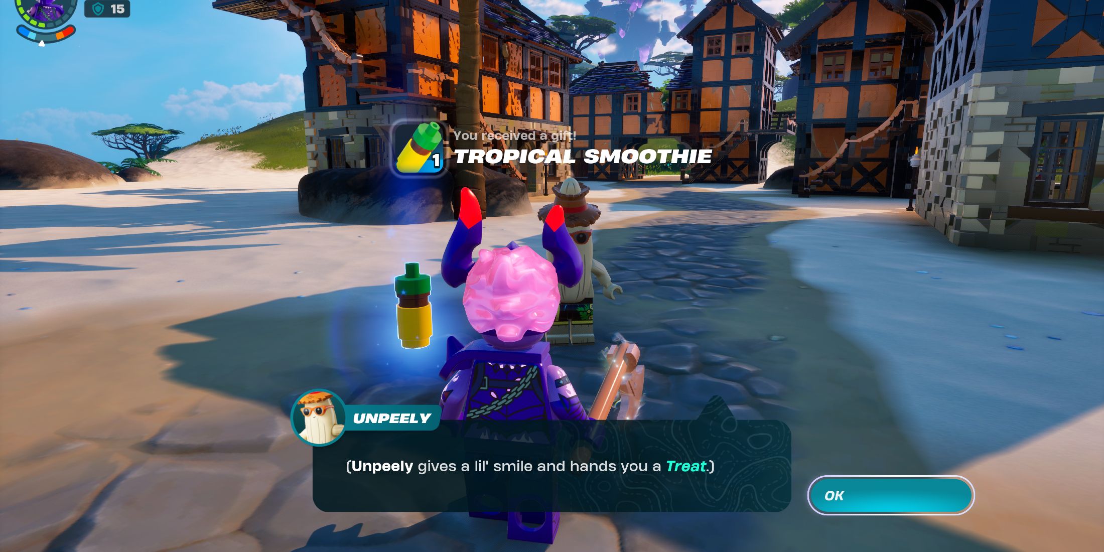 Screenshot showcasing how to trick or treat with Villagers in LEGO Fortnite