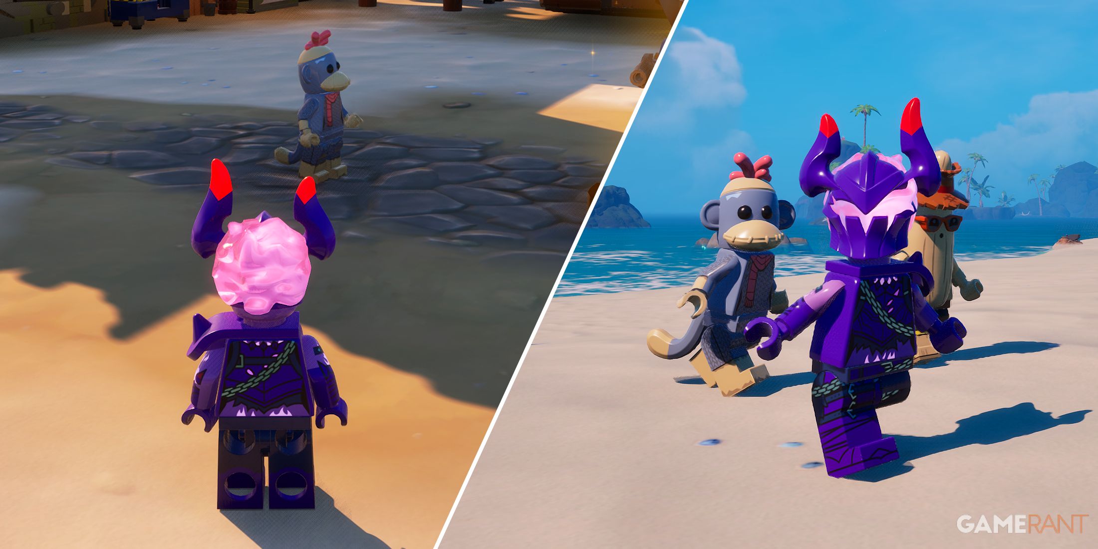 Split-image showcasing Knightmare, Monks, and Unpeely in LEGO Fortnite