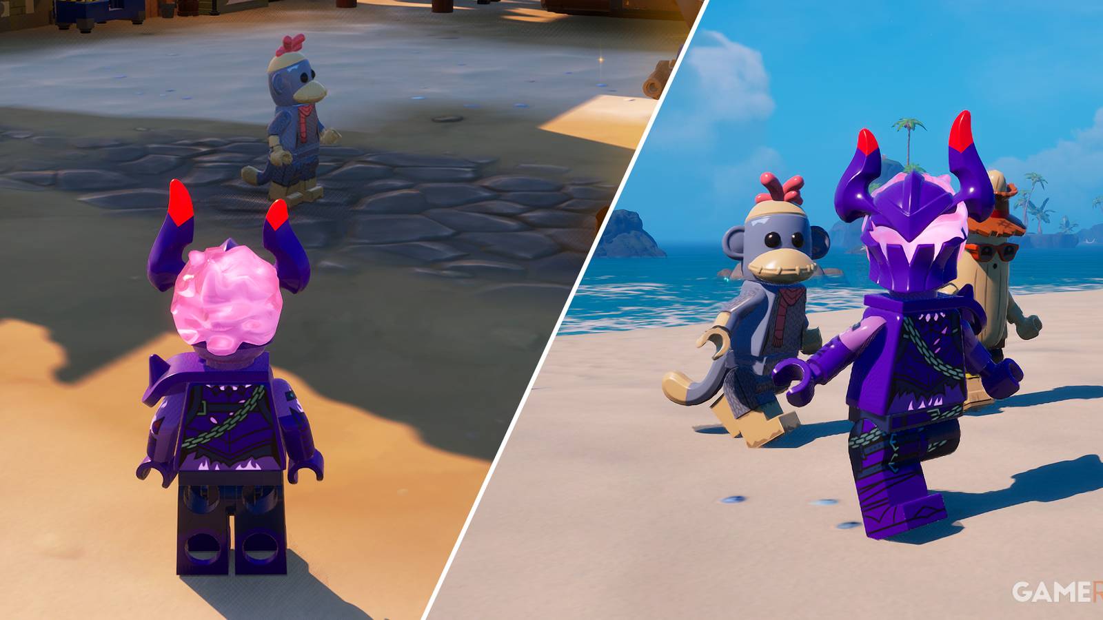 Split-image showcasing Knightmare, Monks, and Unpeely in LEGO Fortnite