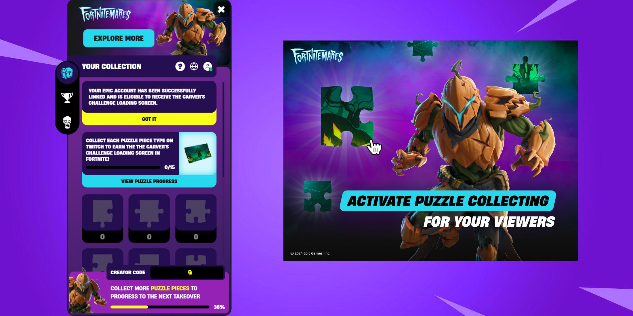 Image showcasing how to view puzzle pieces collected to cliam The Carver's Challenge Loading Screen for Fortnite 