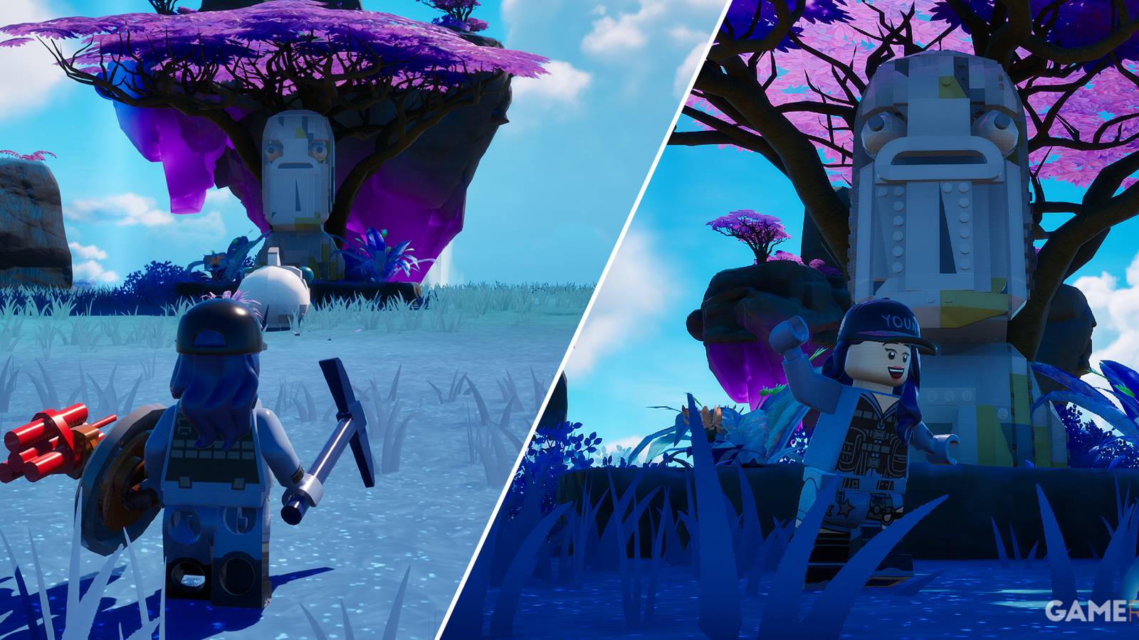 Split-image showcasing the Fish Stick Island Head in LEGO Fortnite 