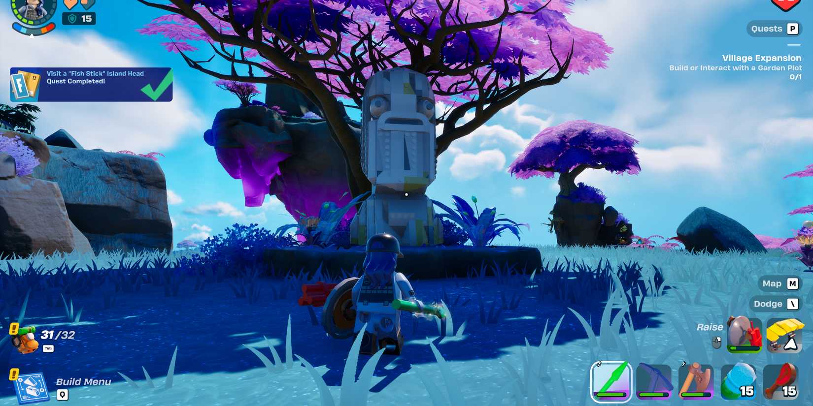 Screenshot showcasing how to visit a Fishstick Island Head in Lego Fortnite 