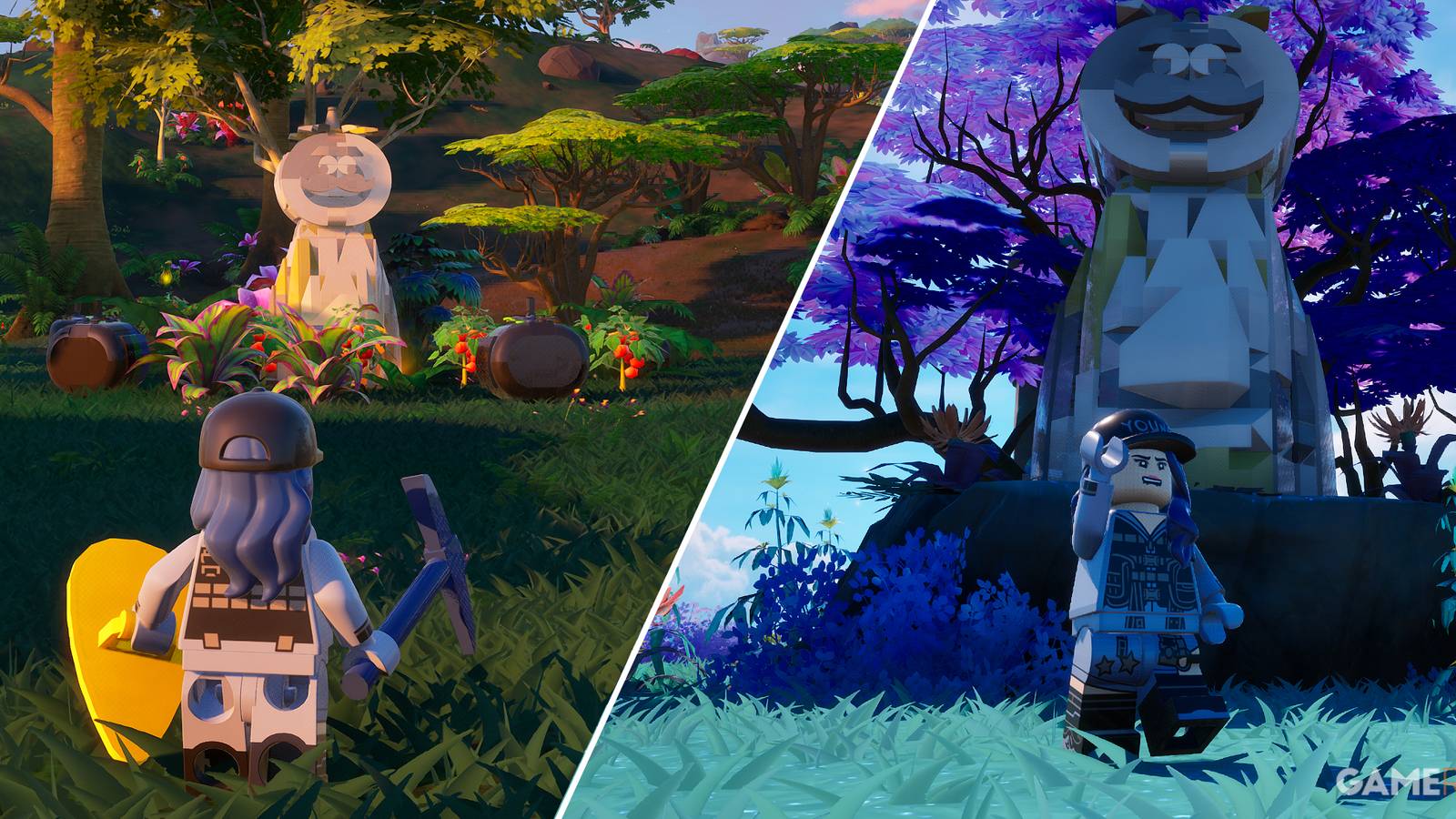 Split-image showcasing a Tomato Island Head in LEGO Fortnite