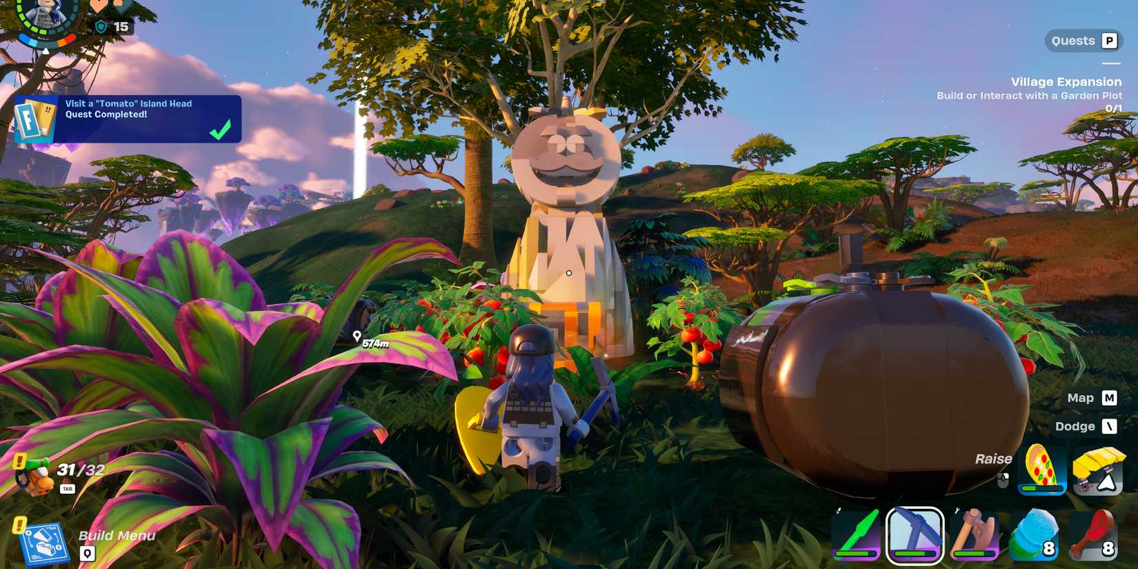 Screenshot showcasing how to visit a tomato island head on the Lost Isles for LEGO Fortnite 
