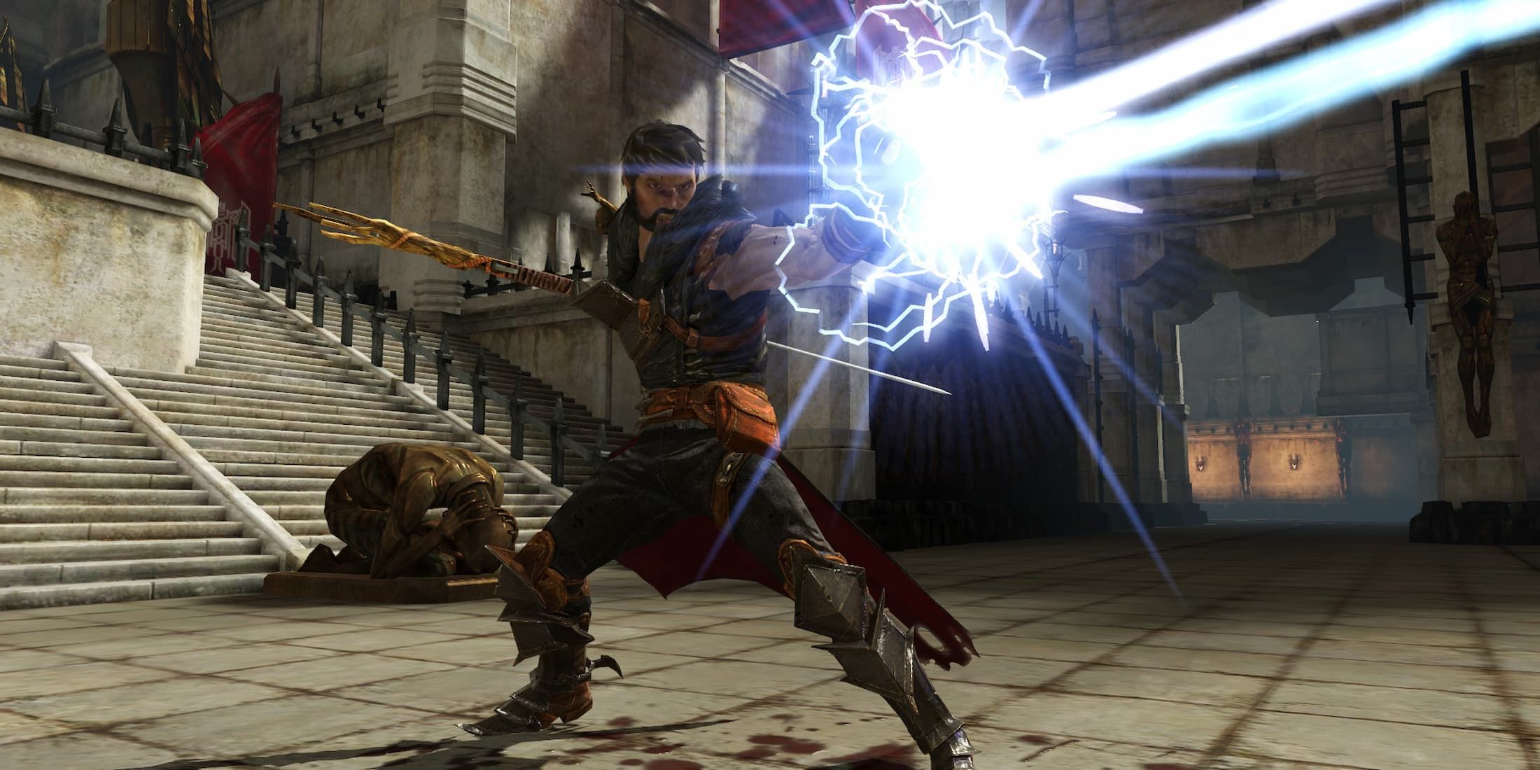 Mage Hawke hurling lightning in Dragon Age 2