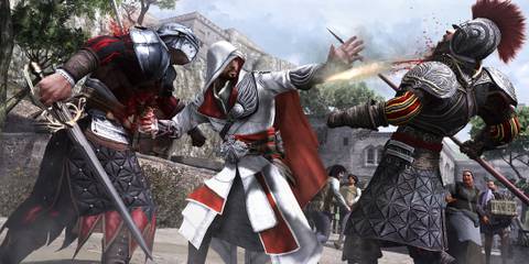 Ezio against two guards in Assassin's Creed Brotherhood