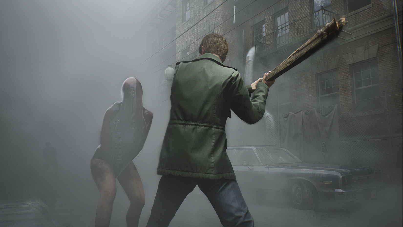 James fights a monster with a pointed club in Silent Hill 2
